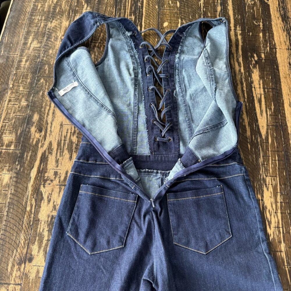 MEBON - Blue Denim Lace-Up Stretch Fitted Jumpsuit - MEDIUM - Picture 12 of 17